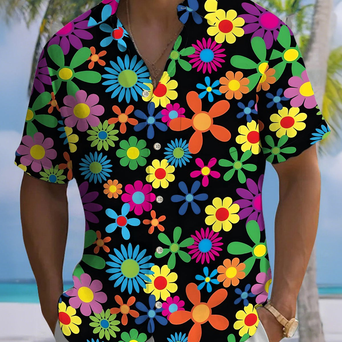 Alohadaddy® Men's Short-Sleeve Casual Cardigan Shirt Floral Art Print, Button-Front with Pocket