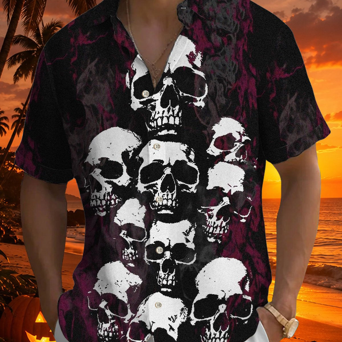 Alohadaddy® Men's Short-Sleeve Button-Down Shirt Vintage Skull Print with Pocket