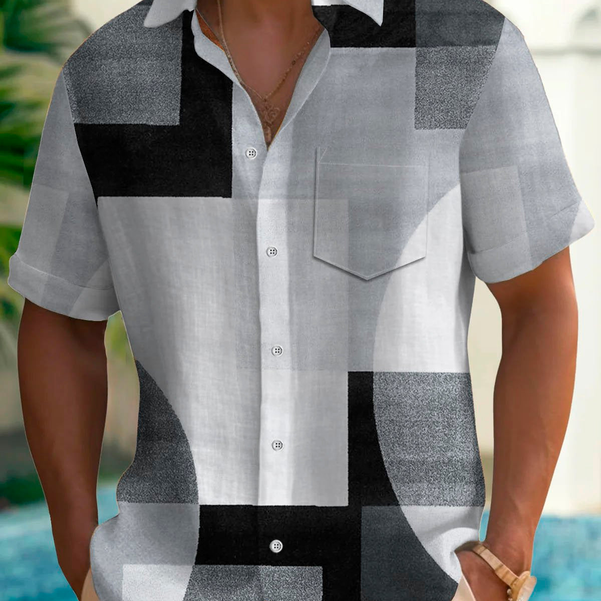 Alohadaddy Retro Geometric Color Block Print Men's Button Pocket Short Sleeve Shirt