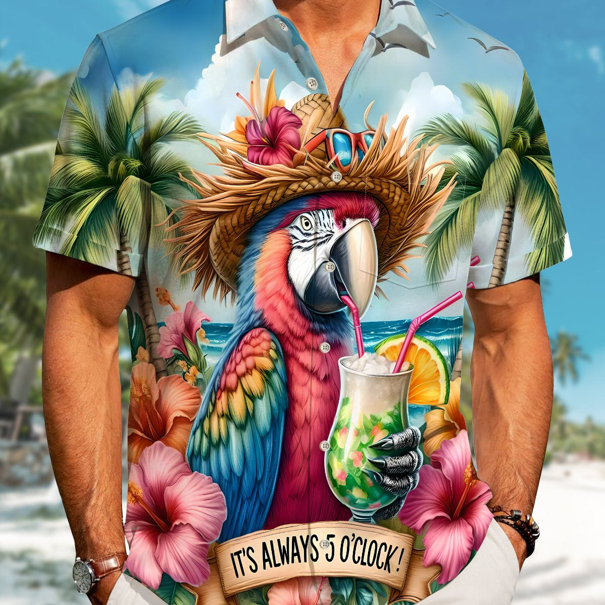 Alohadaddy Vacation Hawaii Parrot Print Art Pocket Button Elastic Oversized Shirt