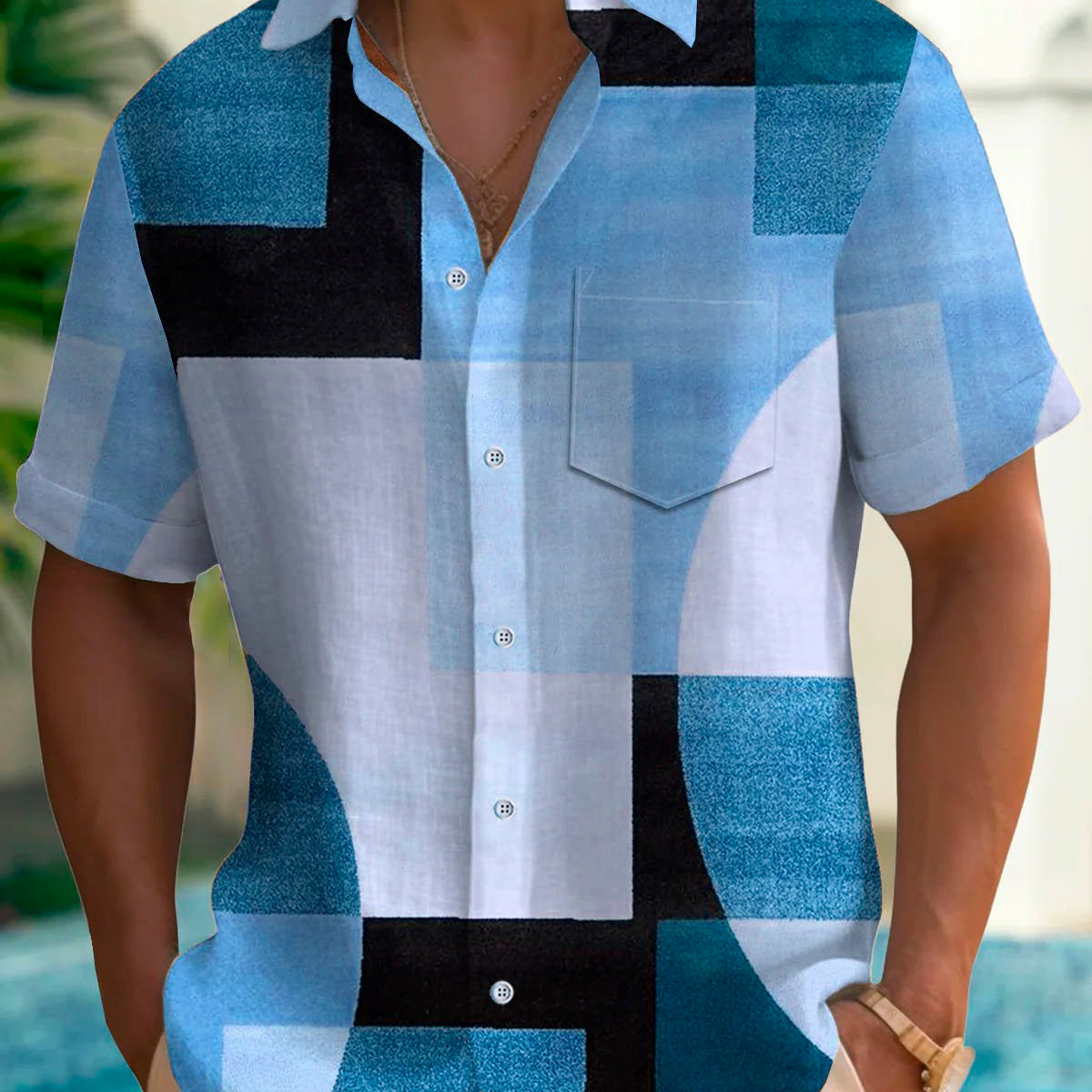Alohadaddy Retro Geometric Color Block Print Men's Button Pocket Short Sleeve Shirt