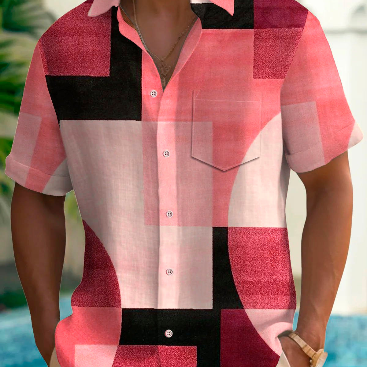 Alohadaddy Retro Geometric Color Block Print Men's Button Pocket Short Sleeve Shirt