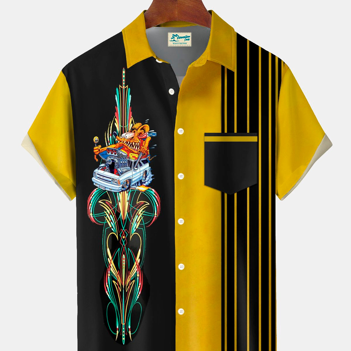 Alohadaddy® Vintage Pinstripe Rat Fink Print Men's Button Pocket Short Sleeve Shirt Big & Tall
