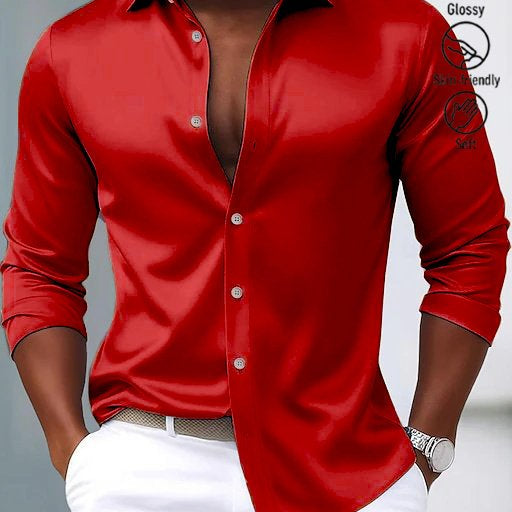 Alohadaddy® Basic Satin Satin Silk Printed Men's Button Pocket Satin Long-Sleeve Dress Shirt Big & Tall