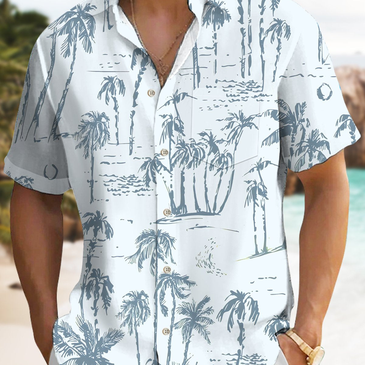 Alohadaddy Hawaiian Palm Tree Painting Art Button Cardigan Pockets Large Size Long Polyester Short Sleeve Shirt