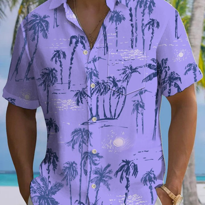 Alohadaddy Hawaiian Palm Tree Painting Art Button Cardigan Pockets Large Size Long Polyester Short Sleeve Shirt