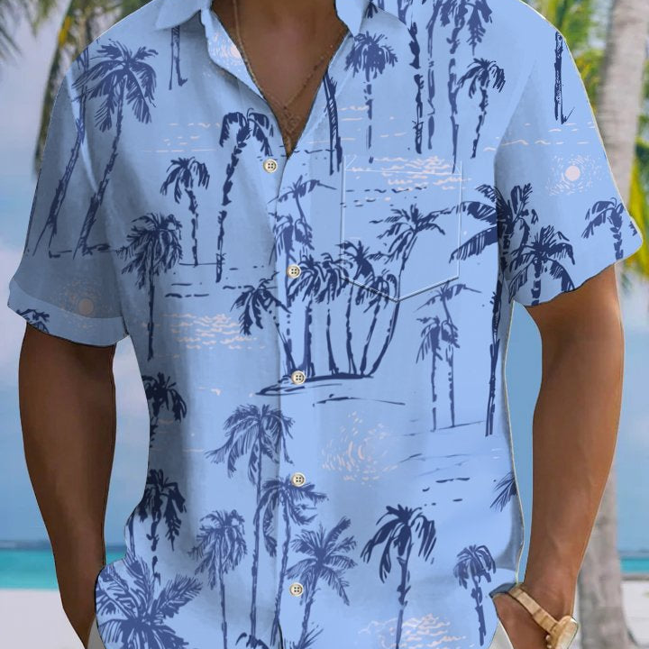 Alohadaddy Hawaiian Palm Tree Painting Art Button Cardigan Pockets Large Size Long Polyester Short Sleeve Shirt