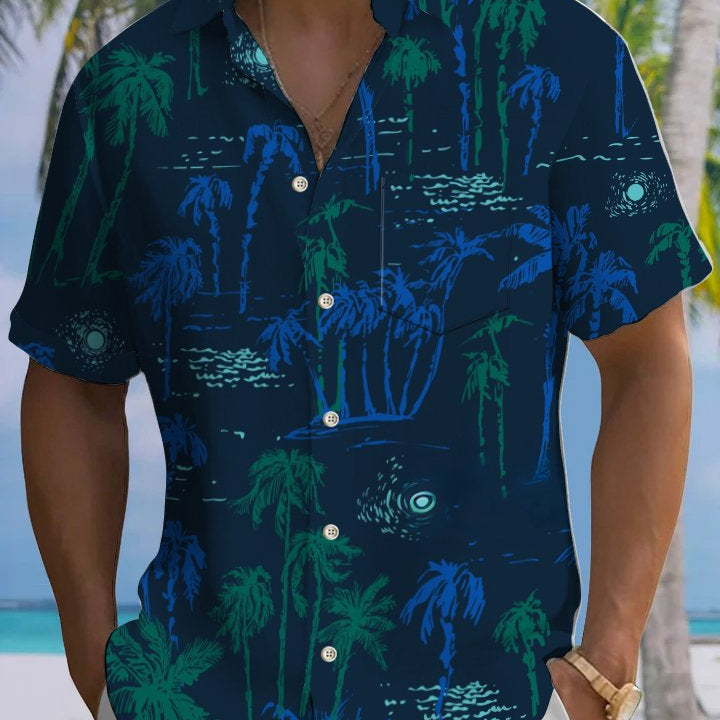 Alohadaddy Hawaiian Palm Tree Painting Art Button Cardigan Pockets Large Size Long Polyester Short Sleeve Shirt