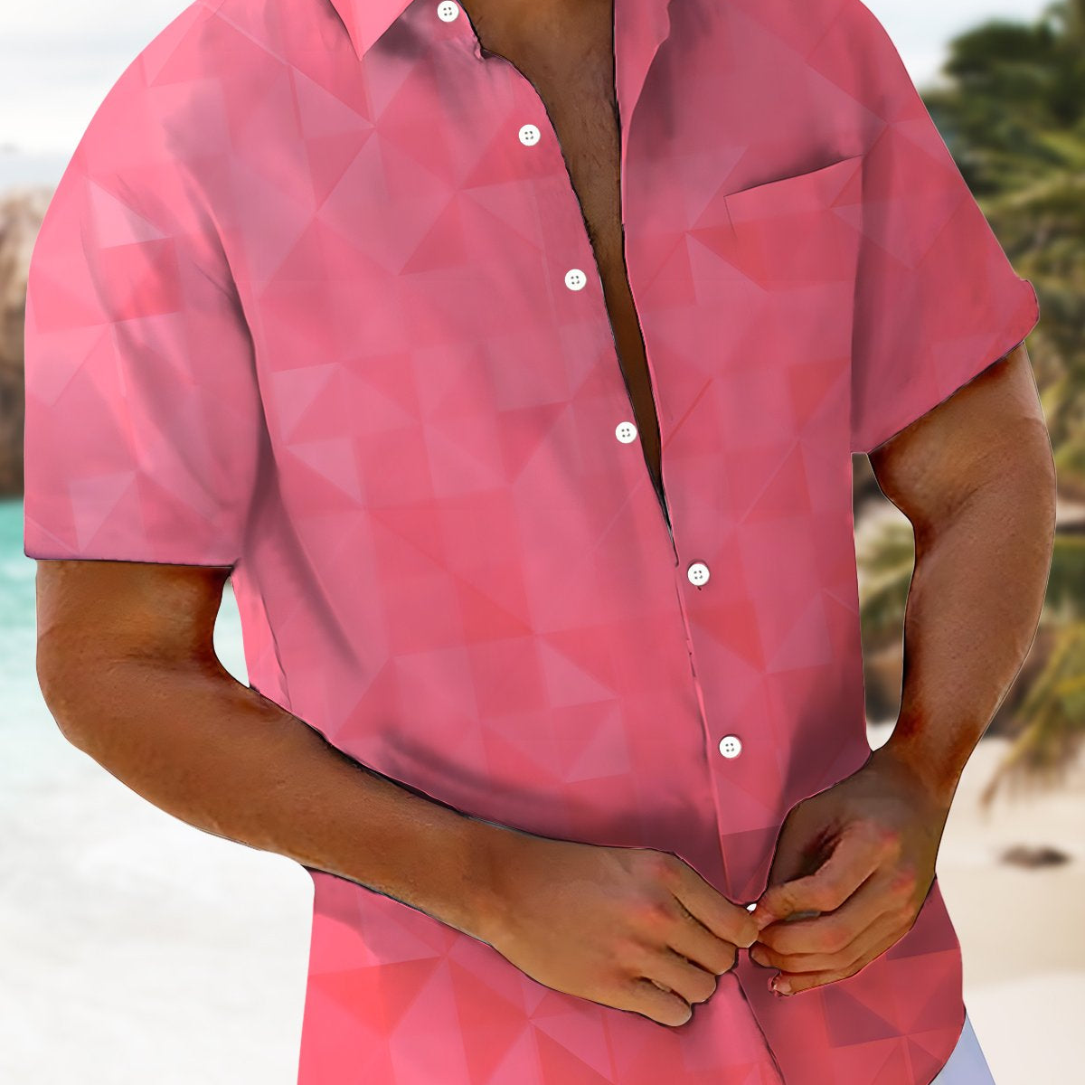 Alohadaddy Leisure Collection Geometric Triangle Gradient Color Print Art Pocket Cardigan Button Polyester Stretch Short Sleeve Shirt