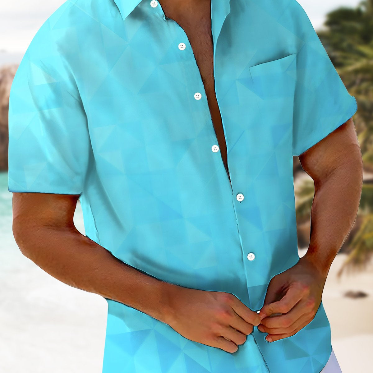 Alohadaddy Leisure Collection Geometric Triangle Gradient Color Print Art Pocket Cardigan Button Polyester Stretch Short Sleeve Shirt