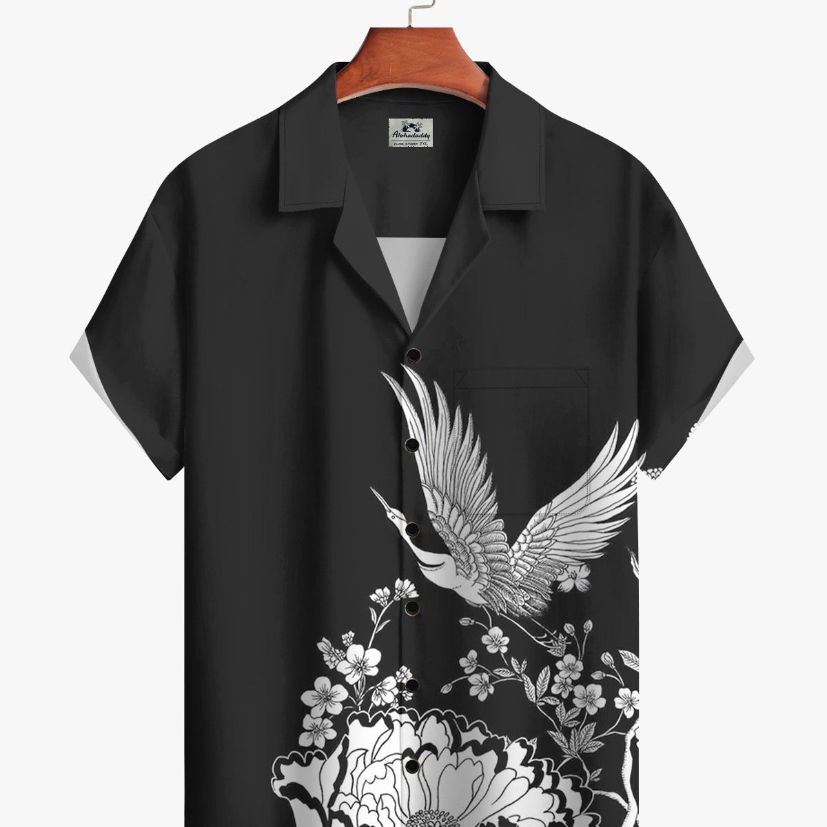 Alohadaddy® Casual Chinese Painting Style Crane And Flower Men's Short-Sleeved Shirt