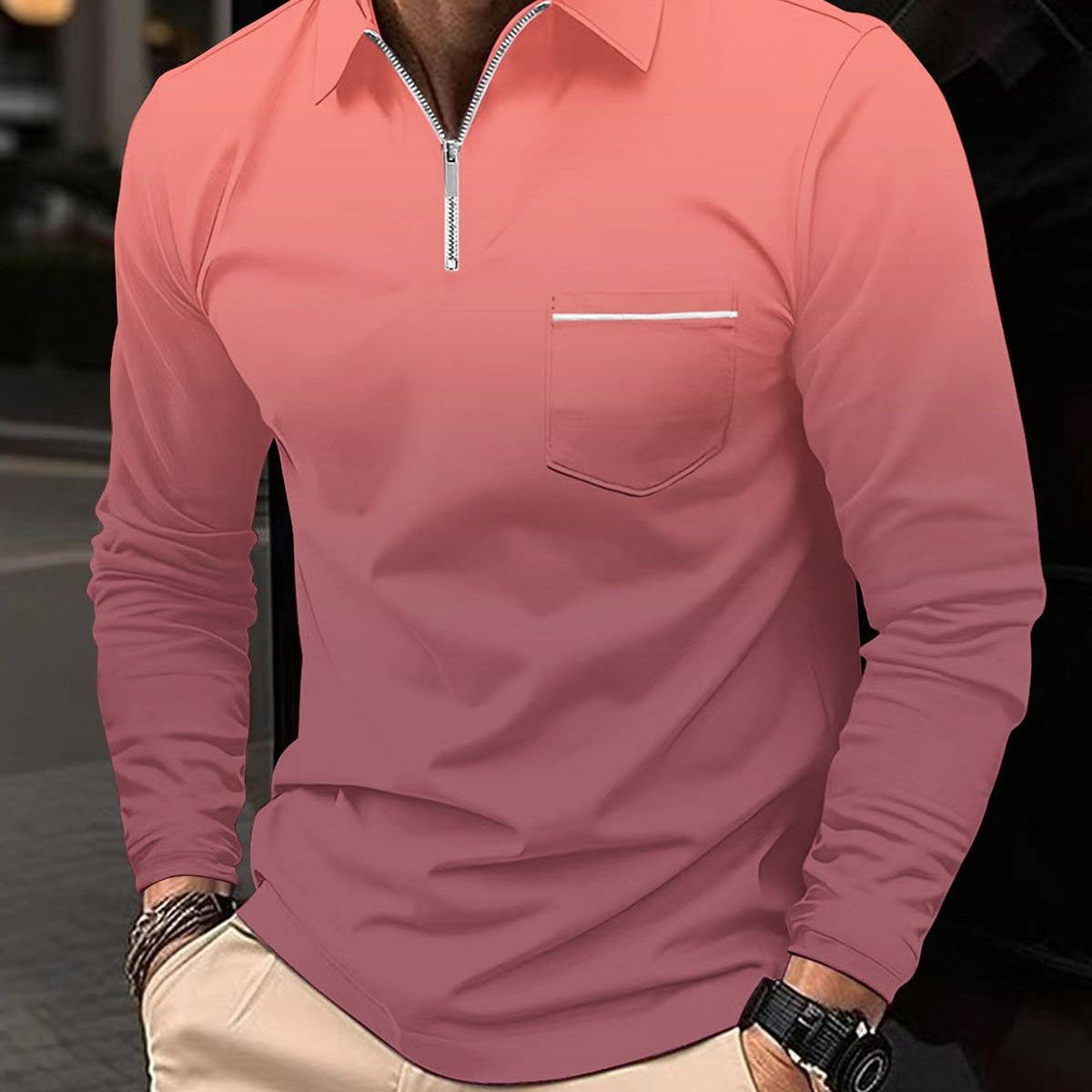 Alohadaddy® Men's Sporty Gradient High-Elastic Vertical Stripe Long-Sleeve Polo Shirt Slim Fit Knit Base Layer