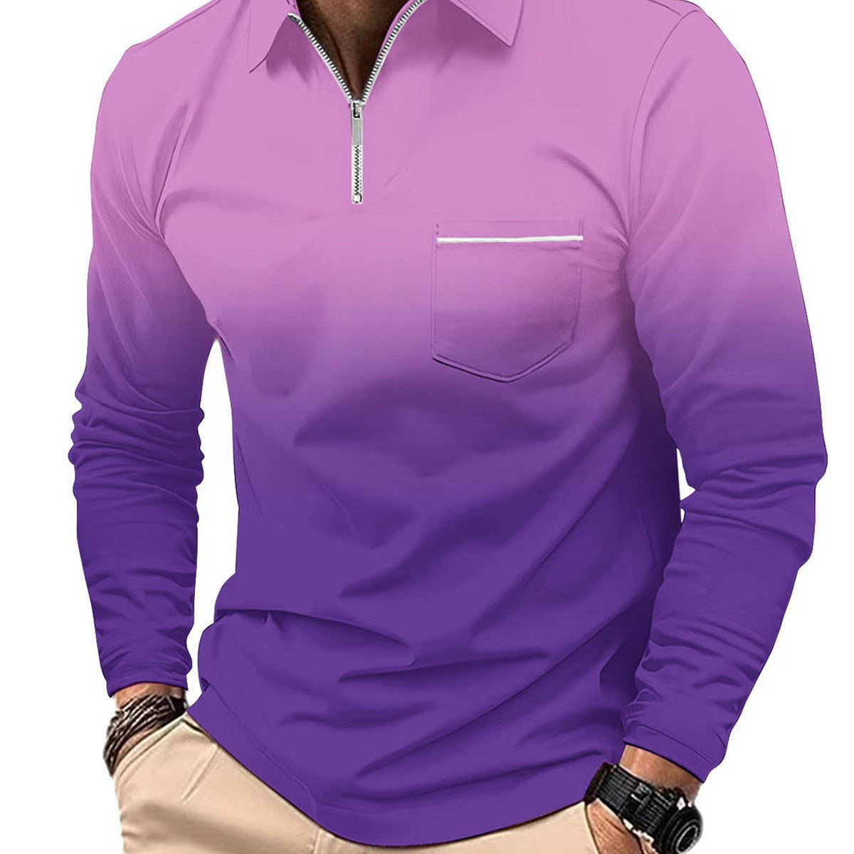 Alohadaddy® Men's Sporty Gradient High-Elastic Vertical Stripe Long-Sleeve Polo Shirt Slim Fit Knit Base Layer