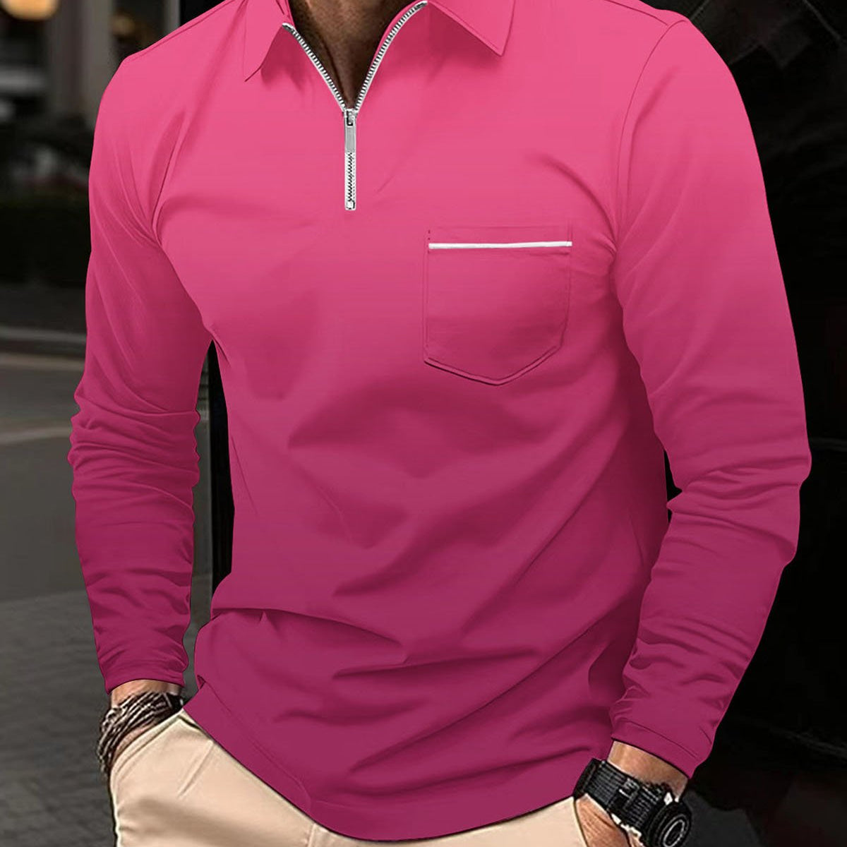 Alohadaddy® Men's Sporty Gradient High-Elastic Vertical Stripe Long-Sleeve Polo Shirt Slim Fit Knit Base Layer