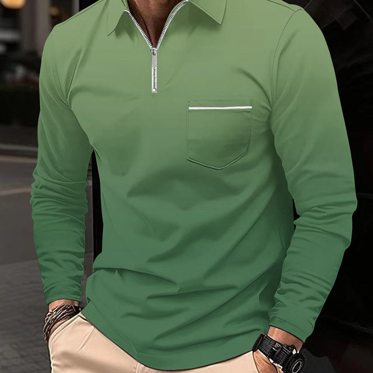 Alohadaddy® Men's Sporty Gradient High-Elastic Vertical Stripe Long-Sleeve Polo Shirt Slim Fit Knit Base Layer