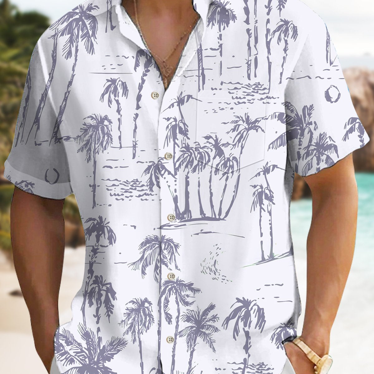 Alohadaddy Hawaiian Palm Tree Painting Art Button Cardigan Pockets Large Size Long Polyester Short Sleeve Shirt