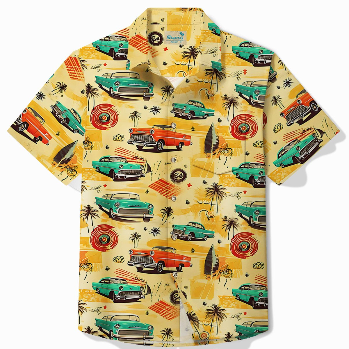 Alohadaddy Retro Car Print Men's Button Pocket Short Sleeve Shirt