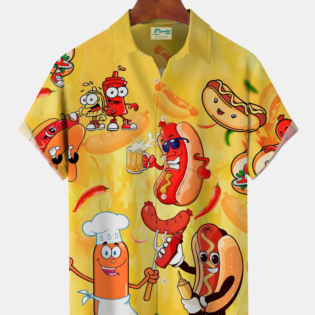 Alohadaddy Hawaiian Cartoon Hot Dog Print Men's Button Pocket Shirt