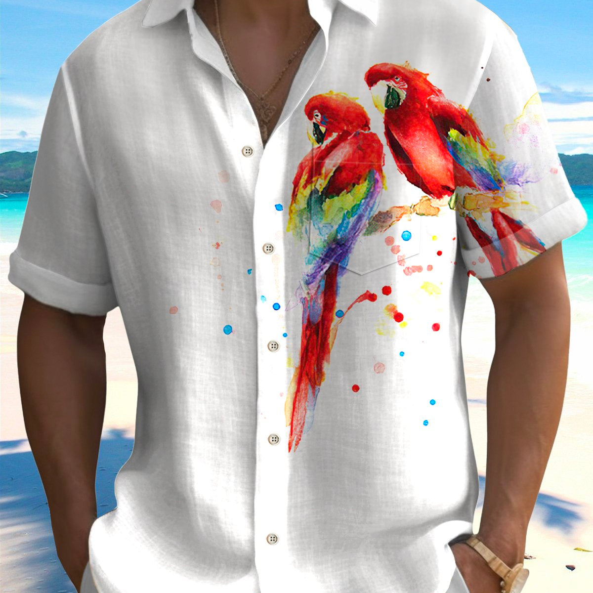 Alohadaddy Hawaiian Parrot Print Men's Button Pocket Short Sleeve Shirt