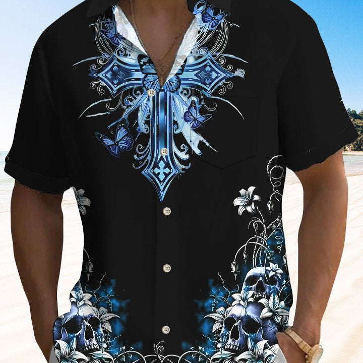 Alohadaddy Skull Button Pocket Casual Short Sleeve Shirt