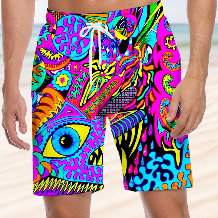 Alohadaddy Abstract Art Fluorescent Color Drawstring Pocket Casual Beach Shorts