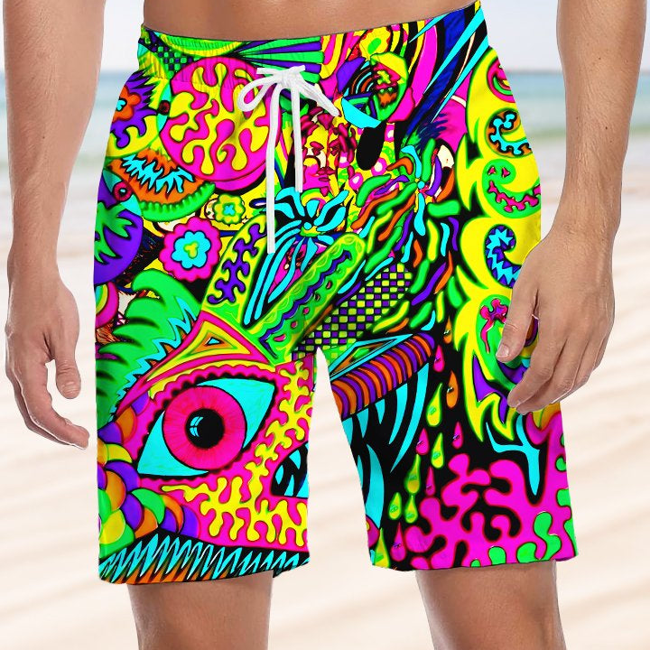 Alohadaddy Abstract Art Fluorescent Color Drawstring Pocket Casual Beach Shorts