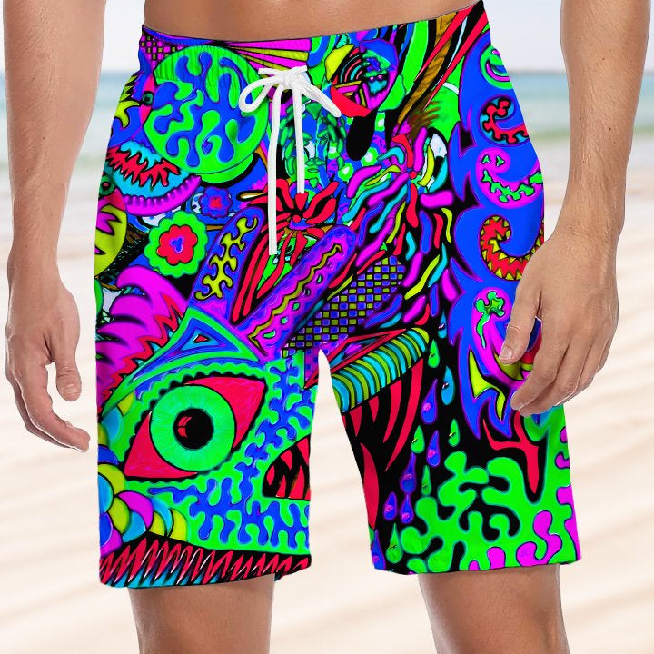 Alohadaddy Abstract Art Fluorescent Color Drawstring Pocket Casual Beach Shorts