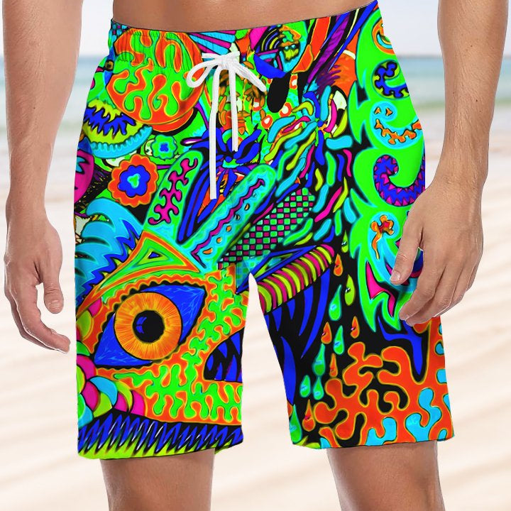 Alohadaddy Abstract Art Fluorescent Color Drawstring Pocket Casual Beach Shorts
