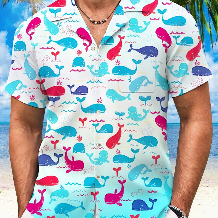 Alohadaddy Gradient Ocean Whale Button Pocket Casual Short Sleeve Shirt
