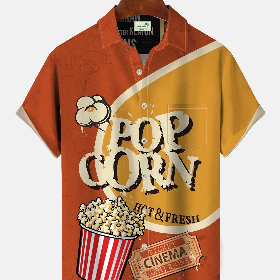 Alohadaddy Retro Popcorn Old Movie Button Pocket Casual Short Sleeve Shirt