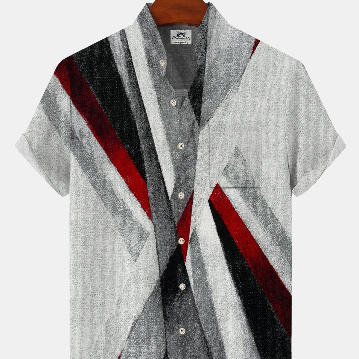 Alohadaddy Geometric Stripes Button Pocket Casual Short Sleeve Stand Collar Shirt