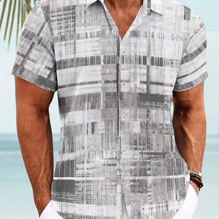 Alohadaddy Summer Geometric Cross Lines Button Pocket Men's Short Sleeve Casual Vacation Shirt