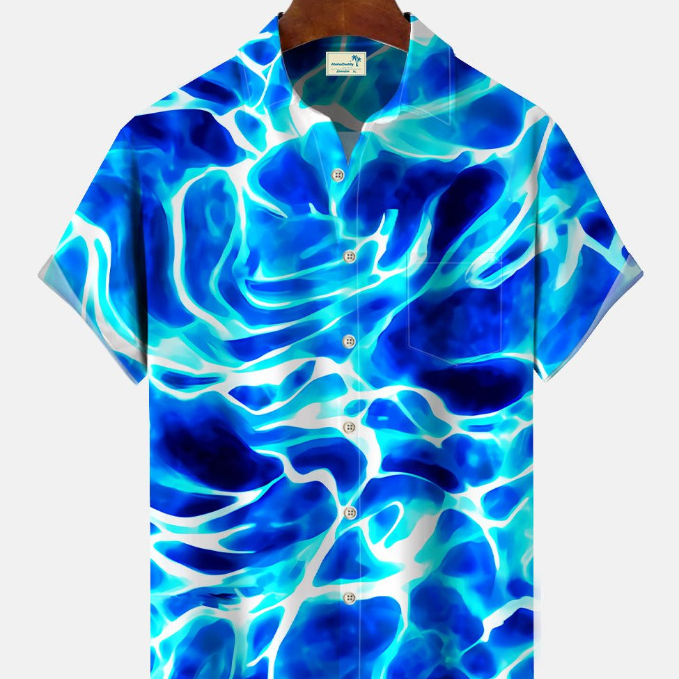 Alohadaddy Summer Water Wave Pocket Button Casual Men's Polyester Short Sleeve Shirt