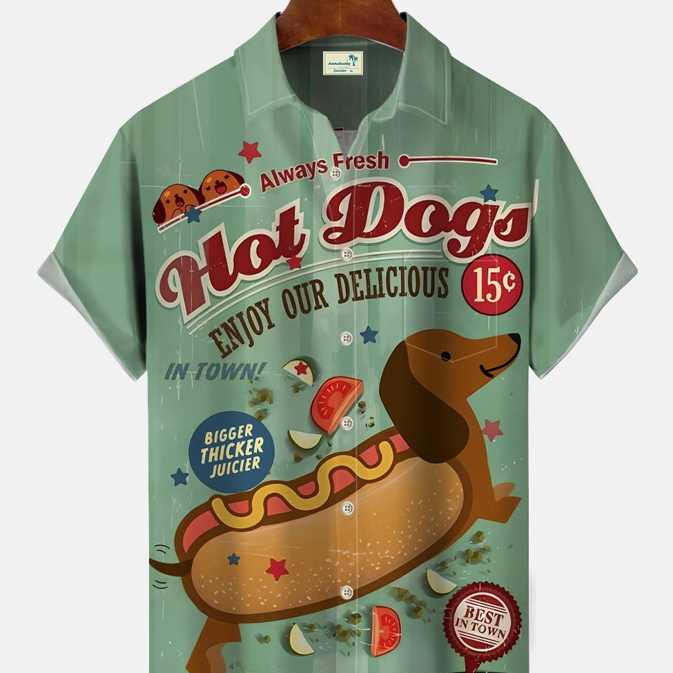 Alohadaddy Summer Retro Hot Dog Graffiti Art Men Button Pocket Casual Vacation Short Sleeve Shirt