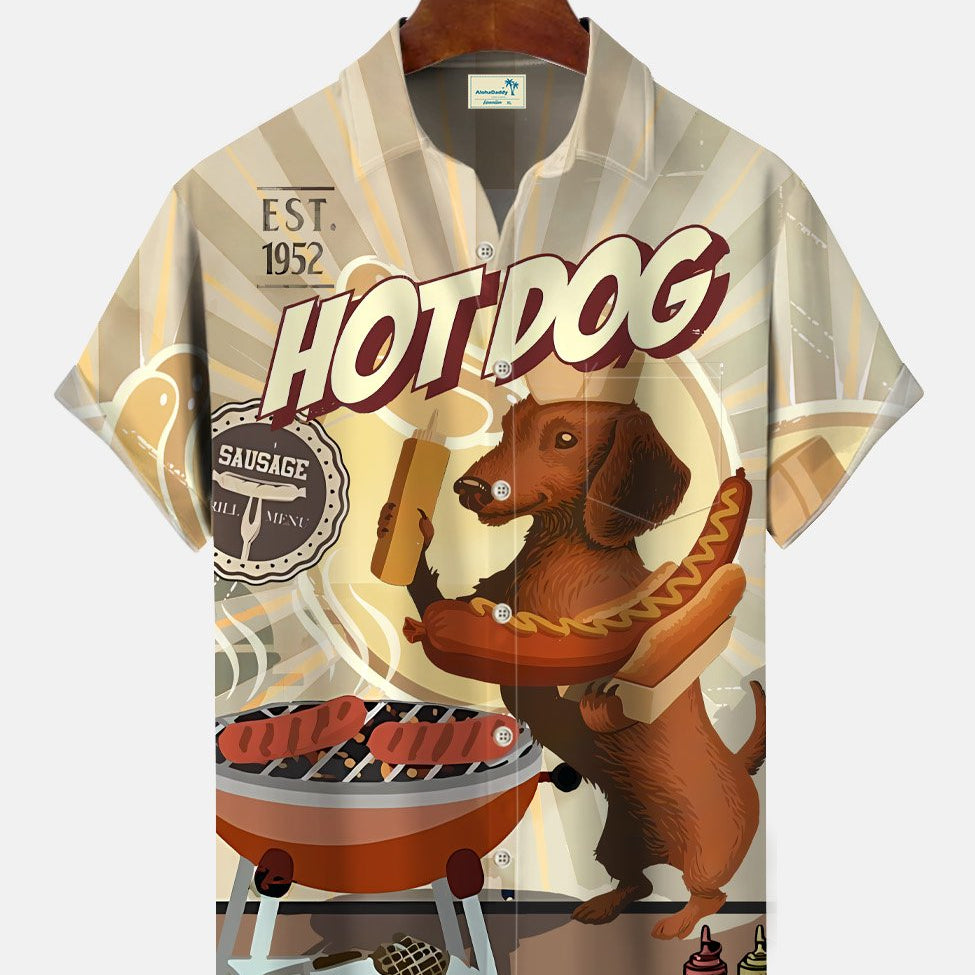 Alohadaddy Summer Hot Dog Animal BBQ Letters Buttons Pockets Leisure Vacation Short Sleeve Shirt
