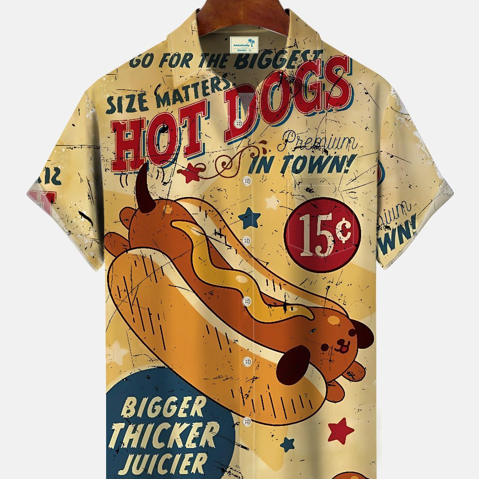 Alohadaddy Summer Hot Dog Art Letters Buttons Pockets Casual Vacation Short Sleeve Shirt