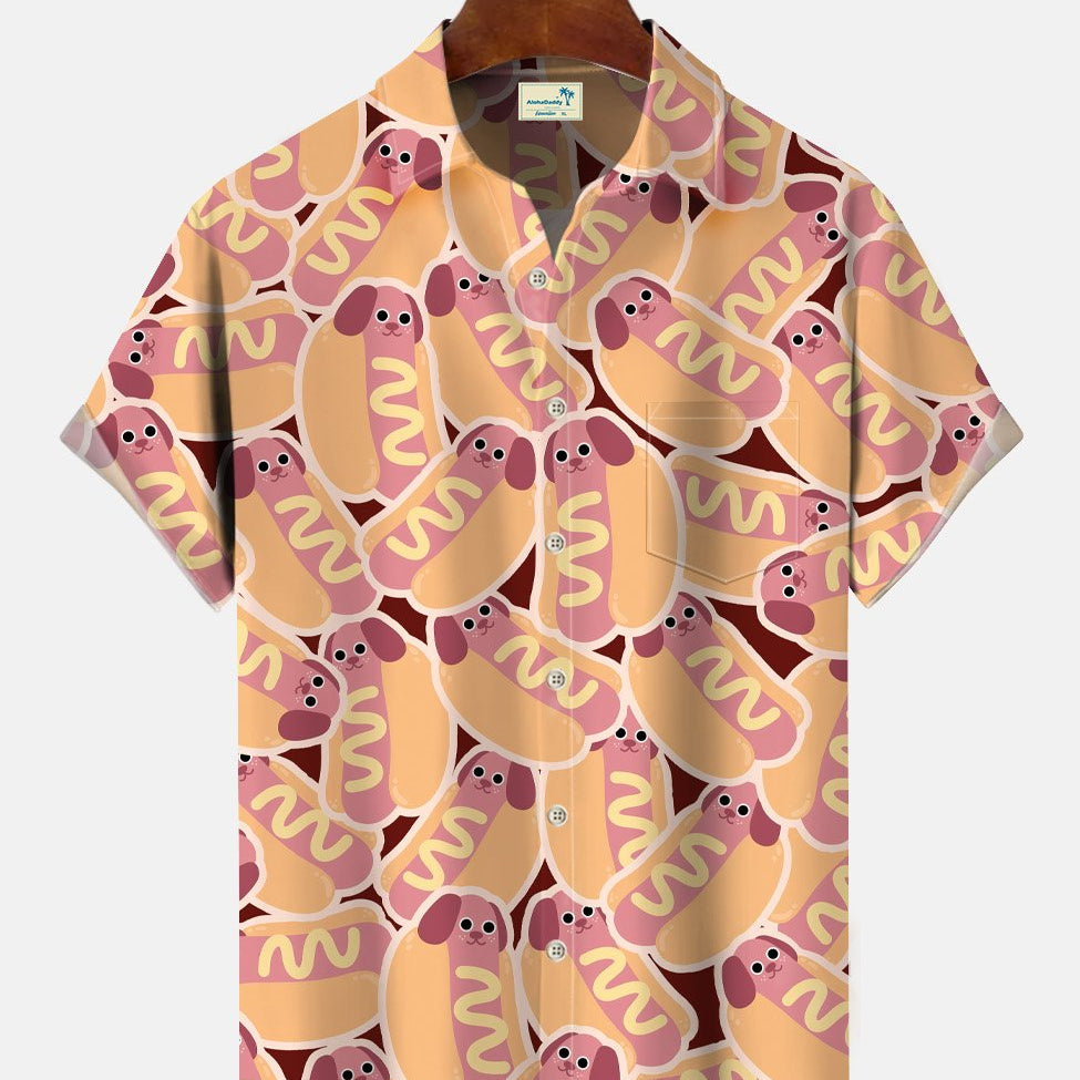Alohadaddy Summer Hot Dog Art 3D Button Pocket Casual Vacation Short Sleeve Shirt
