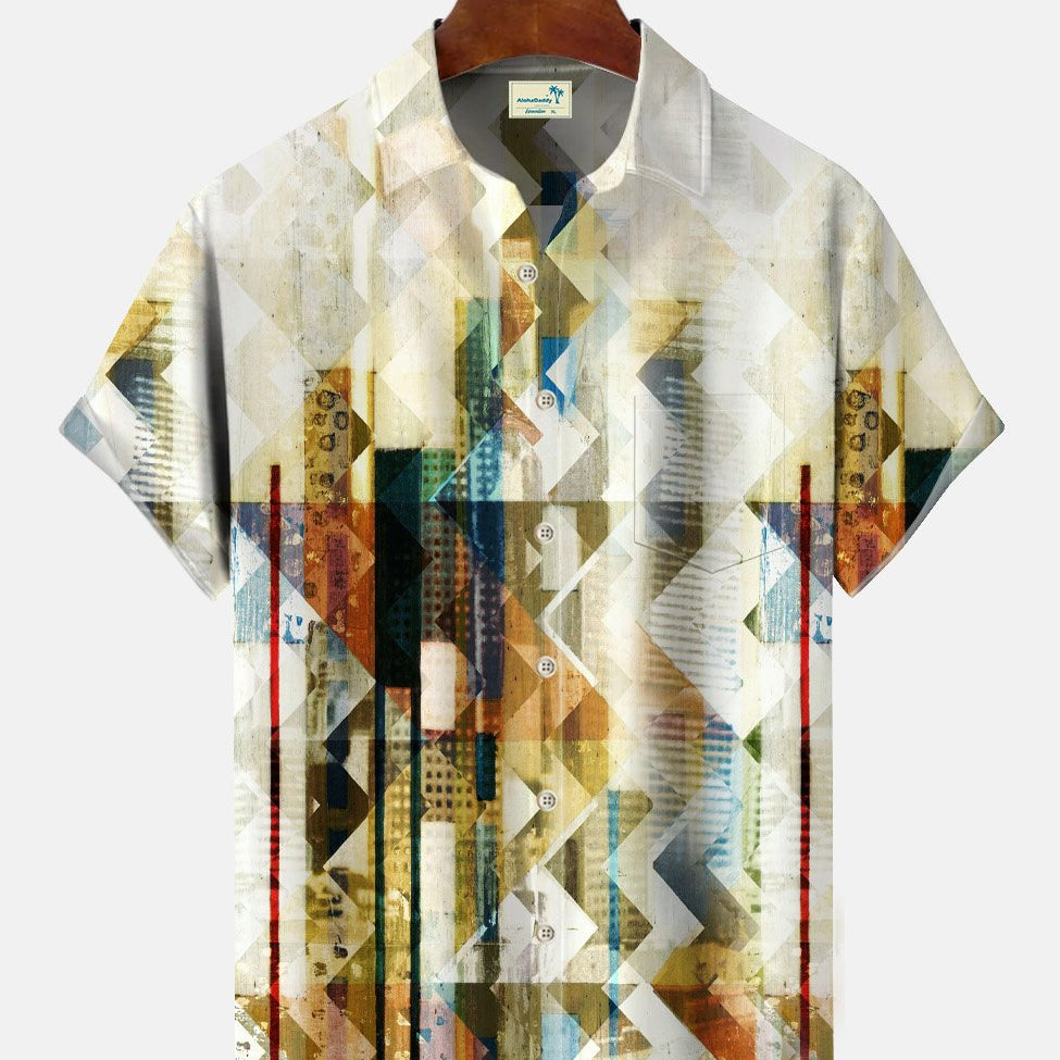 Alohadaddy Retro Ethnic Style Geometric Pattern Men's Pocket Button Casual Short Sleeve Shirt