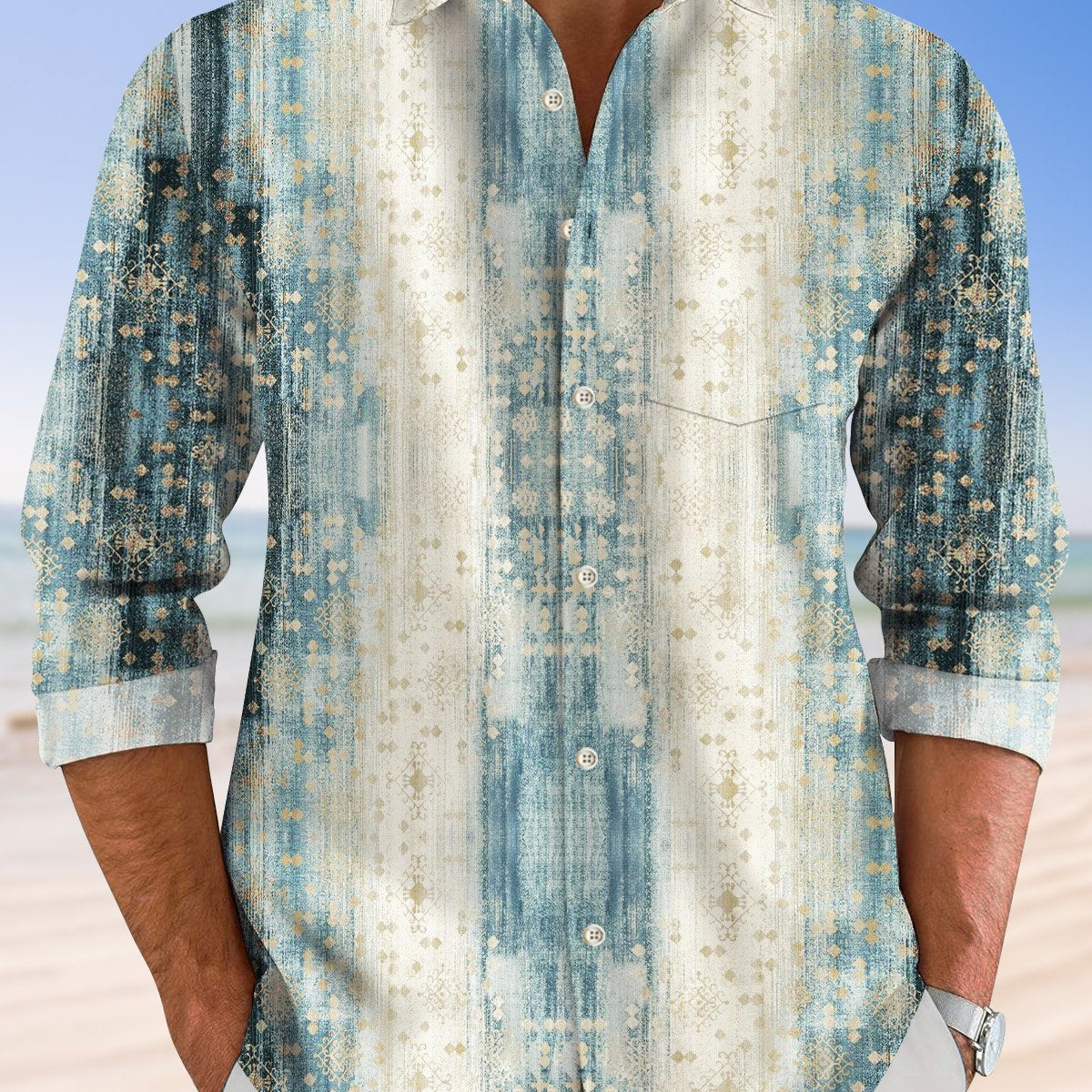 Alohadaddy Retro Ethnic Pattern Men's Pocket Button 50S Bowling Commuter Casual Long Sleeve Shirt