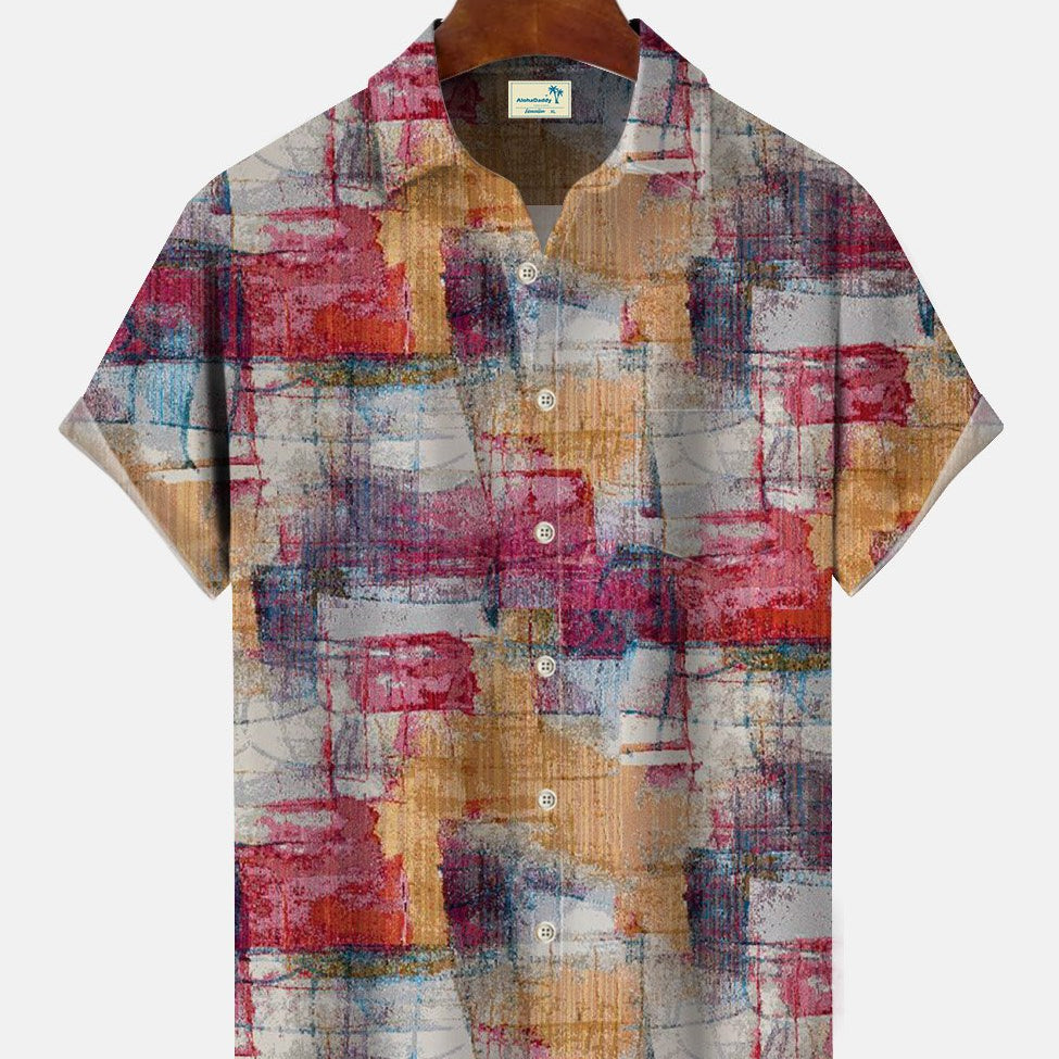 Chemise à manches courtes décontractée à boutons et poches pour homme avec motif géométrique rétro Alohadaddy