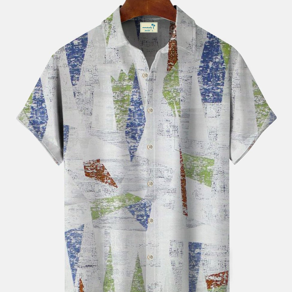 Alohadaddy Geometric Pattern Ethnic Men Pocket Button Casual Short Sleeve Shirt