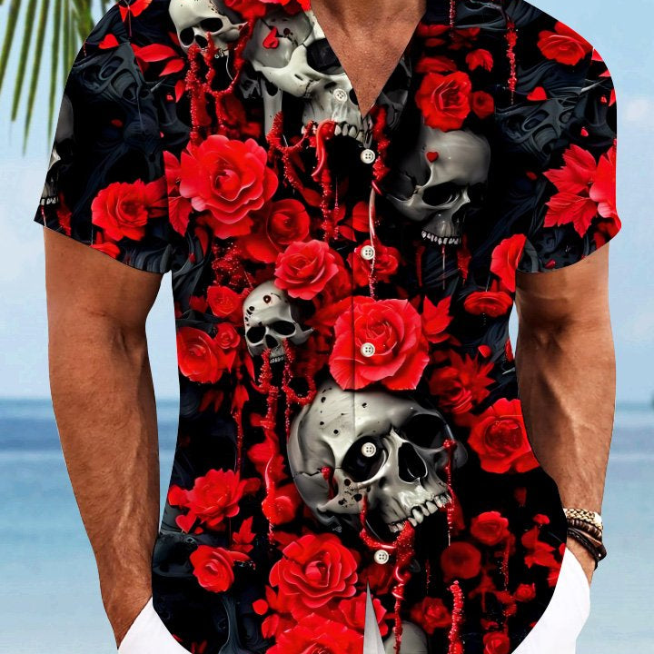 Chemise décontractée à manches courtes avec poche et boutons en forme de crâne rose Alohadaddy