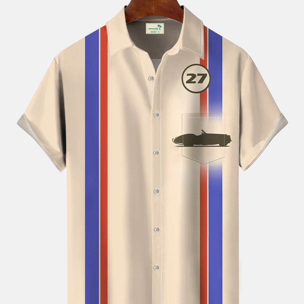 Alohadaddy Car Number Pocket Button Casual 50S Bowling Commuter Short Sleeve Shirt