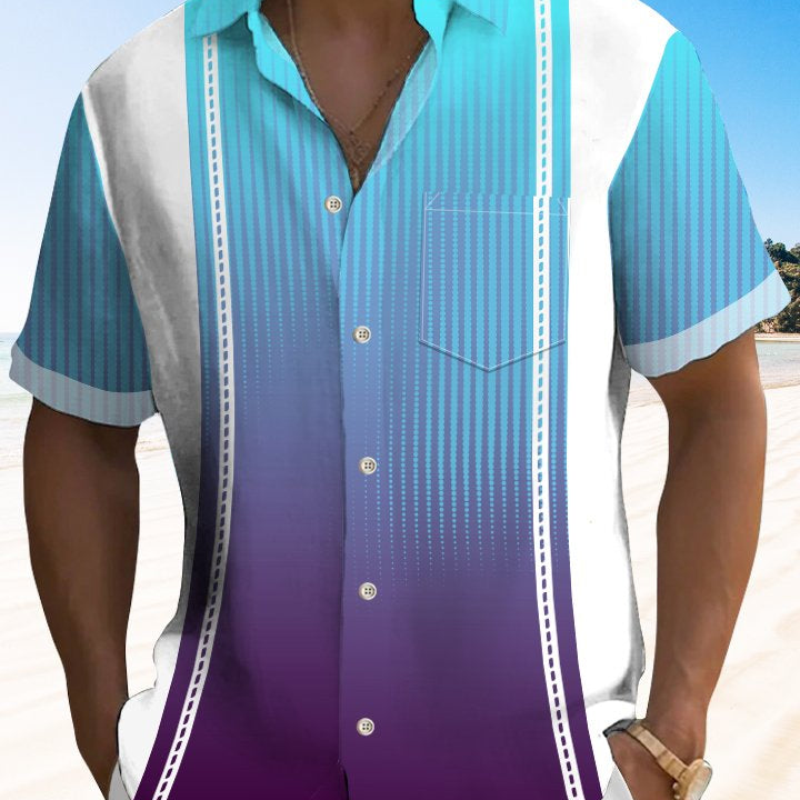 Alohadaddy Men's Retro Geometric Line Gradient Bowling Pocket Shirt