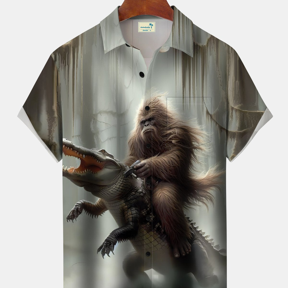 Alohadaddy Vintage Vacation Dinosaur Bigfoot Forest Short Sleeve Shirt