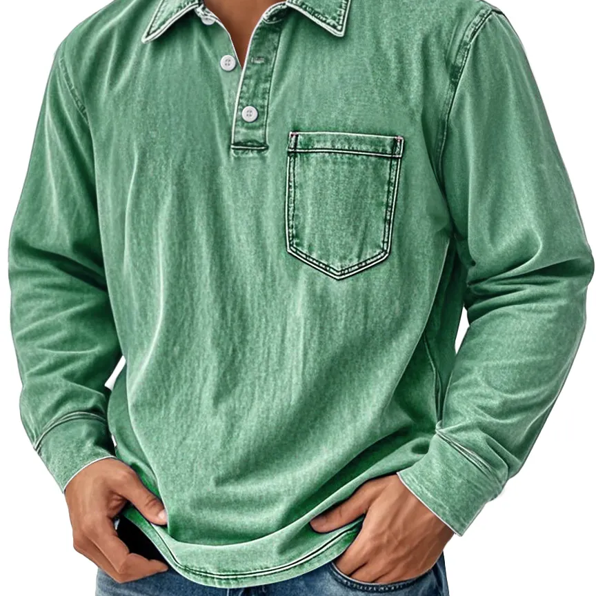 Alohadaddy® Old Money Style Retro Washed Print Men's Button Pocket Lapel Long Sleeve Shirt Big & Tall