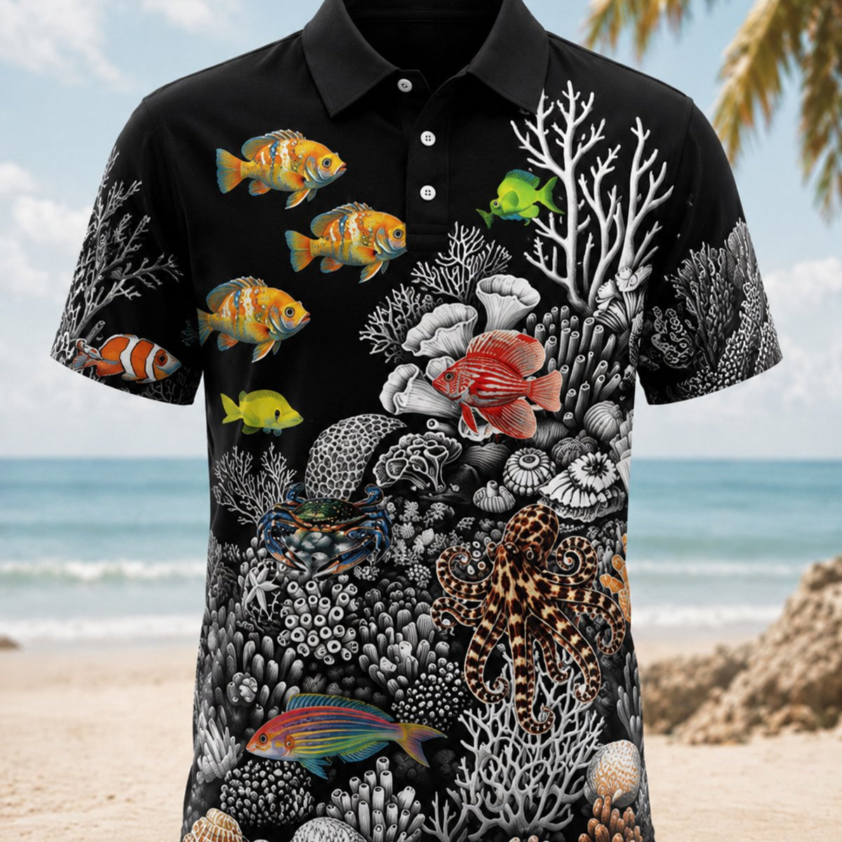 Alohadaddy® Men's Casual Style Ocean-Themed Design Tropical Fish Print Short-Sleeve Polo Shirt