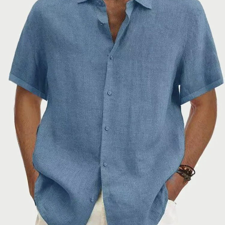 Camisa de manga corta con botones de lino y algodón de color liso para hombre