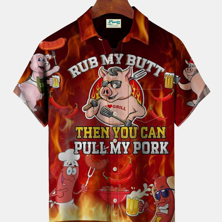 Alohadaddy Rub My Putt Then You Can Pull My Pork National BBQ Day Men's Hawaiian Oversized Shirt with Pockets