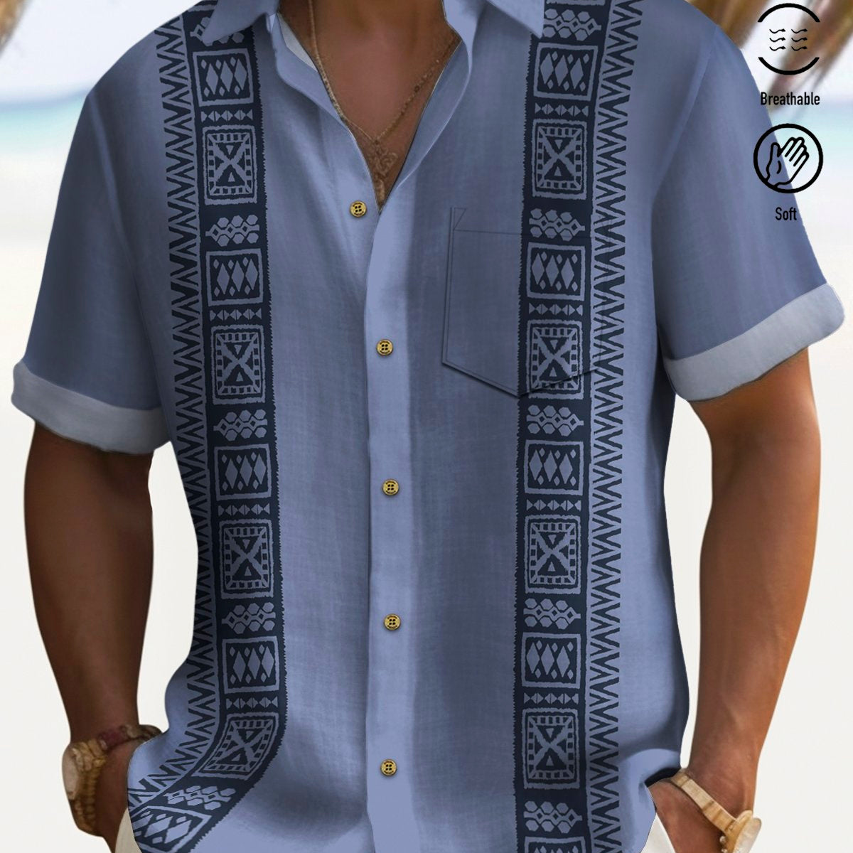 Alohadaddy 50’s Vintage Blue Men's Guayabera Shirts Ethnic Geometric Totem Art Aloha Camp Pocket Shirts